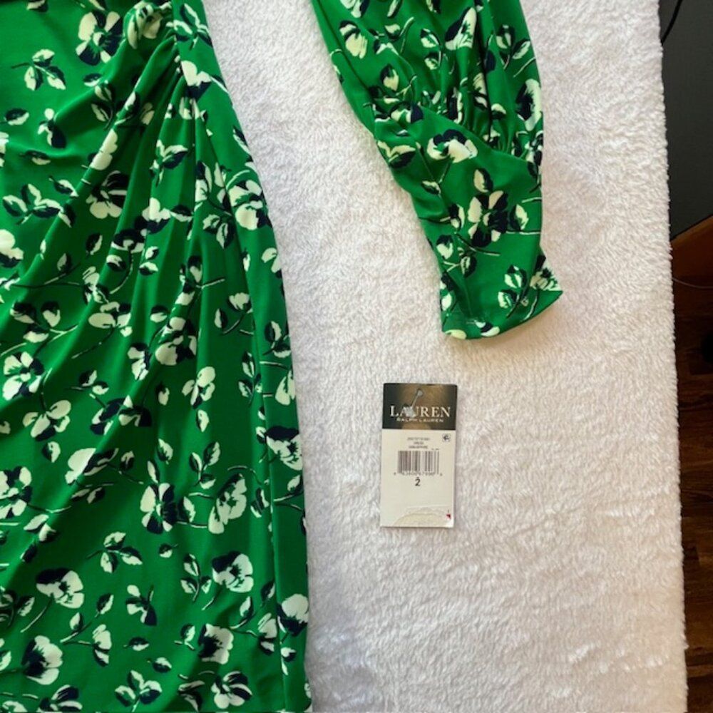 Lauren Ralph Lauren New w/ Tags Green, Black & White Shirred Wrap Dress- Size 2 - Picture 6 of 11